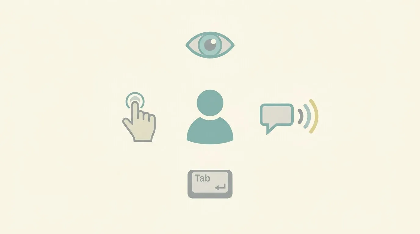 Íconos representando accesibilidad web: ojo, silueta de persona, navegación por teclado con tecla Tab, lector de pantalla y área táctil