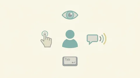 Íconos representando accesibilidad web: ojo, silueta de persona, navegación por teclado con tecla Tab, lector de pantalla y área táctil