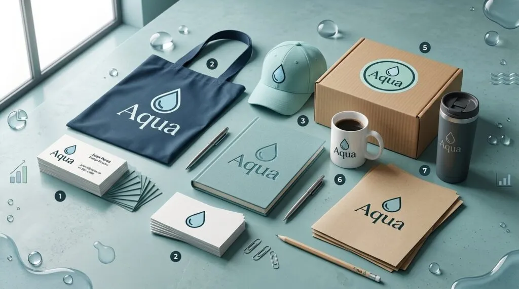 Ejemplos de aplicación de marca ficticia "Aqua" en tarjetas de presentación, tote bag, gorro, libreta, taza, caja y termo