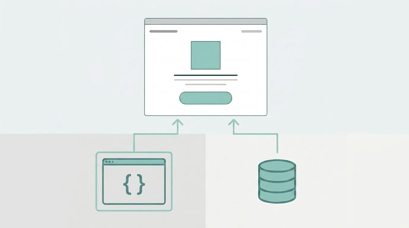 Diagrama mostrando un frontend conectado por separado a un backend de código y una base de datos mediante flechas