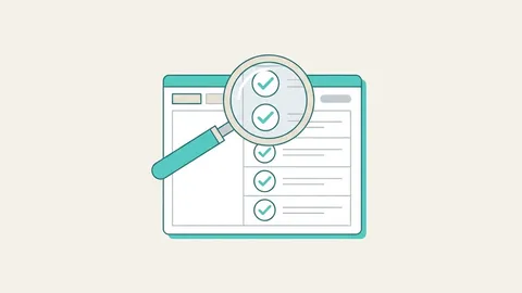 Lupa revisando una página web con una lista de verificaciones marcadas con check verde