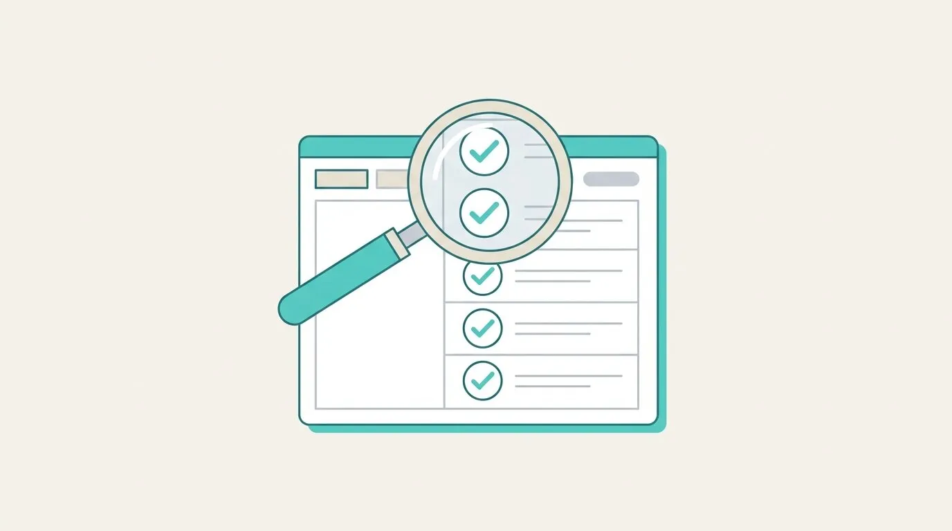 Lupa revisando una página web con una lista de verificaciones marcadas con check verde
