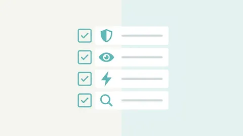 Lista de verificación con íconos de escudo, ojo, rayo y lupa representando seguridad, accesibilidad, velocidad y SEO