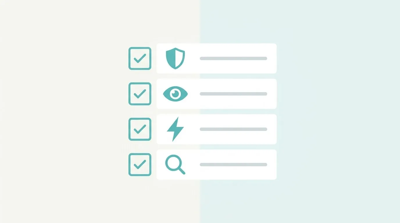 Lista de verificación con íconos de escudo, ojo, rayo y lupa representando seguridad, accesibilidad, velocidad y SEO