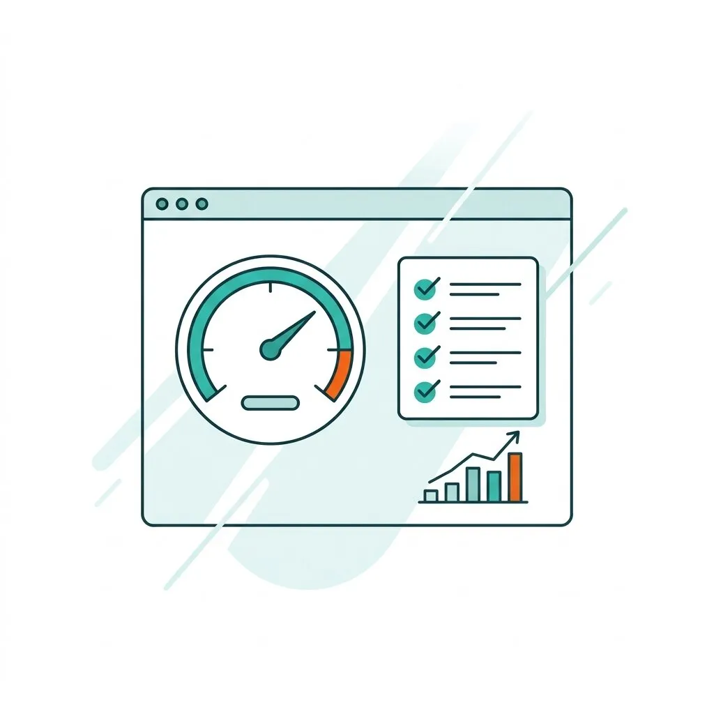 Ilustración de un panel de rendimiento web con velocímetro, checklist y gráfico de crecimiento