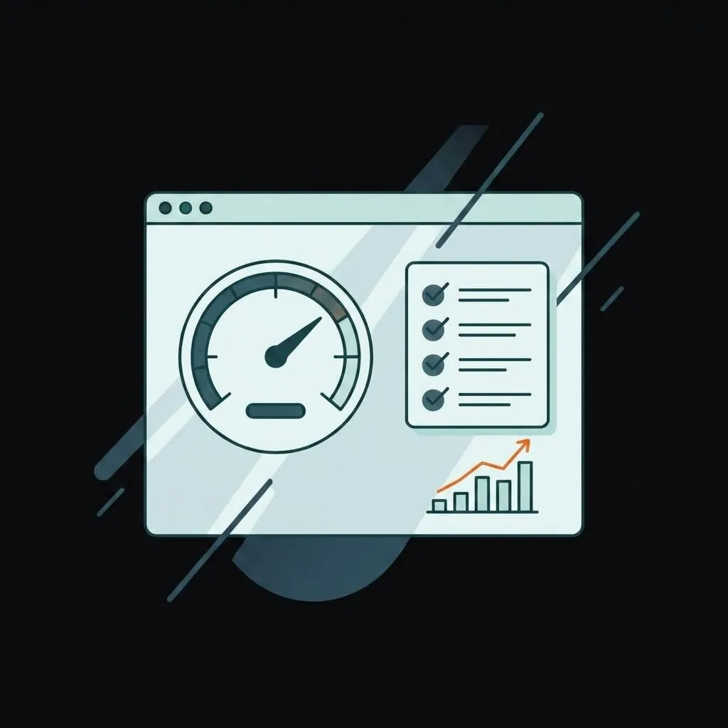 Ilustración de un panel de rendimiento web con velocímetro, checklist y gráfico de crecimiento