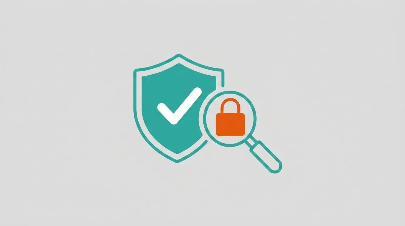 Ilustración de un escudo con marca de verificación y una lupa inspeccionando un candado