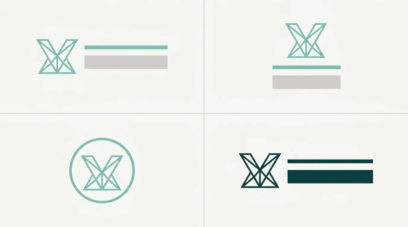 Grid con cuatro variaciones de un mismo logo: horizontal, apilada, dentro de un círculo y en versión de un solo color oscuro