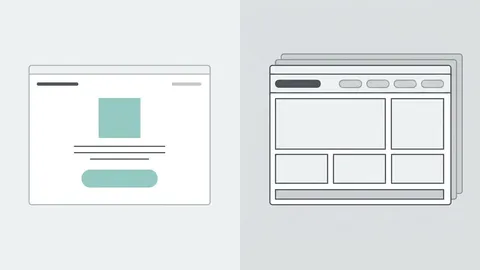 Wireframes comparando una landing page de una sola sección con un sitio corporativo de múltiples páginas