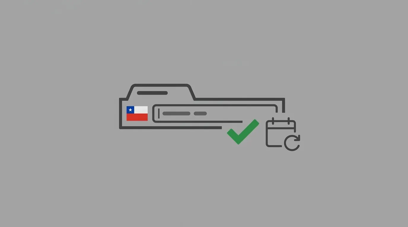 Barra de direcciones de navegador con la bandera de Chile, un check verde de disponibilidad y un ícono de calendario de renovación