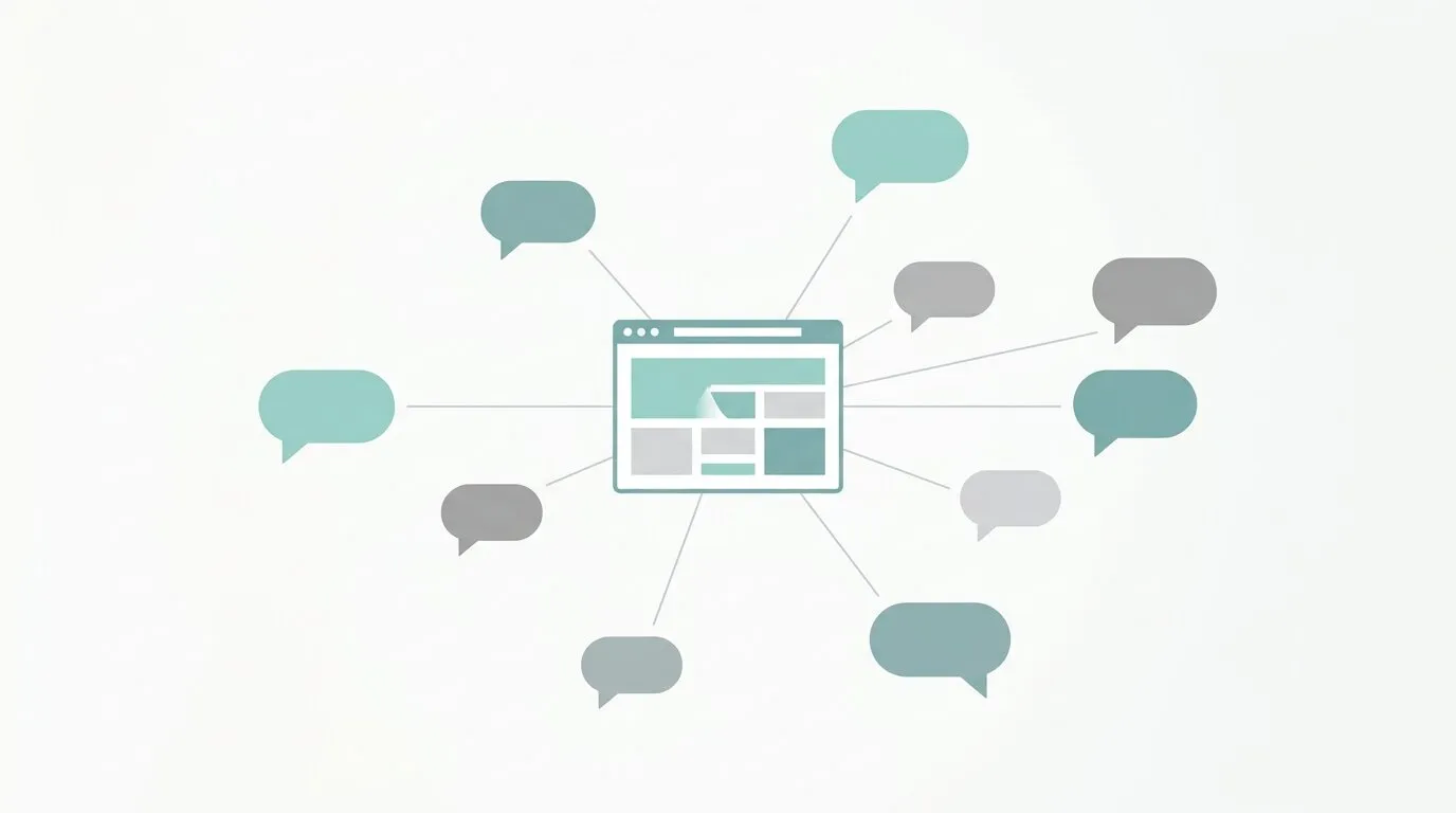 Ventana de sitio web conectada por líneas a varios íconos de burbujas de chat representando cómo los sistemas de IA leen la información estructurada