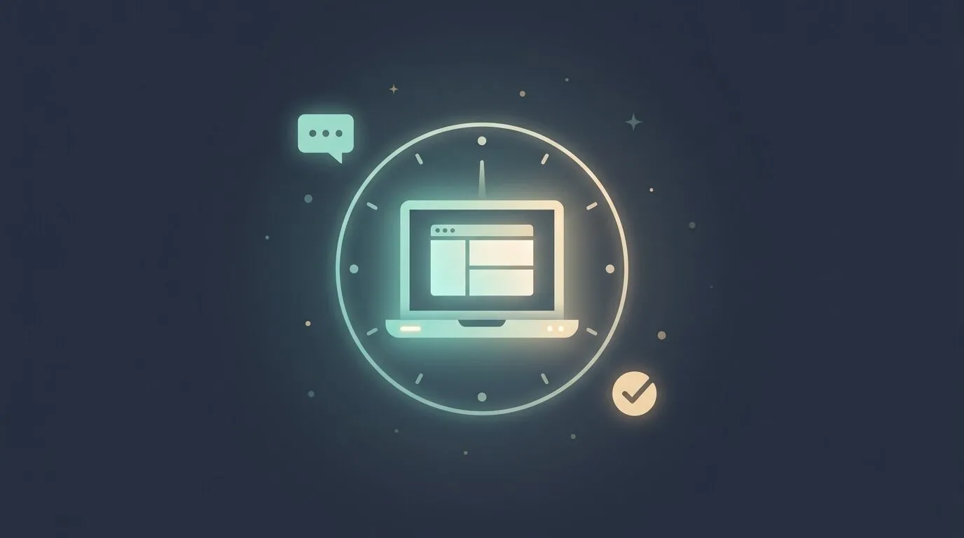 Ilustración de un laptop brillante dentro de un reloj de 24 horas, junto a íconos de chat y confirmación representando disponibilidad constante y conversión