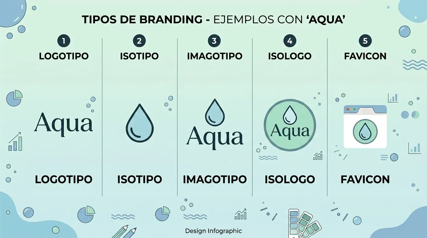 Los 5 tipos de branding —logotipo, isotipo, imagotipo, isologo y favicon— ilustrados con el ejemplo de marca ficticia "Aqua"