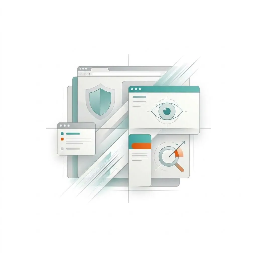 Ilustración de ventanas de navegador superpuestas con un escudo de seguridad, un ojo de accesibilidad y una lupa de búsqueda SEO