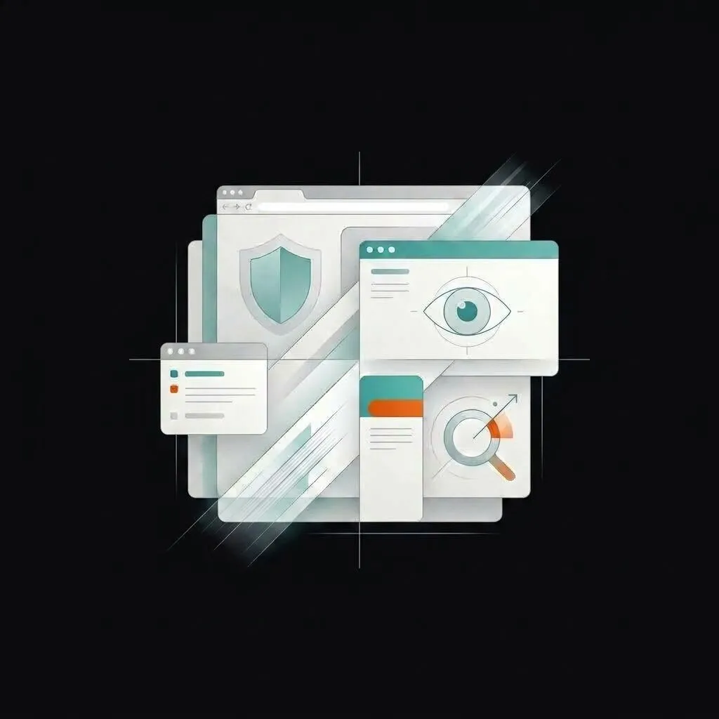 Ilustración de ventanas de navegador superpuestas con un escudo de seguridad, un ojo de accesibilidad y una lupa de búsqueda SEO